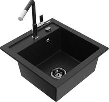 Granitinė virtuvinė plautuvė Mexen Vito su maišytuvu ir sifonu, Black+Black/Chrome