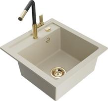 Granitinė virtuvinė plautuvė Mexen Vito su maišytuvu ir sifonu, Beige/Black/Gold