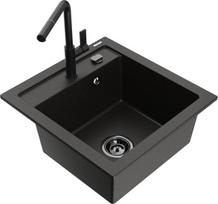 Granitinė virtuvinė plautuvė Mexen Vito su maišytuvu ir sifonu, Metallic black/gold+Black