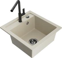 Granitinė virtuvinė plautuvė Mexen Vito su maišytuvu ir sifonu, Beige/Black
