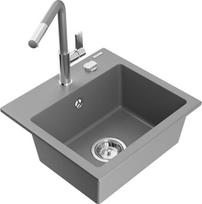 Granitinė virtuvinė plautuvė Mexen Milo su maišytuvu ir sifonu, Grey/Grey/Chrome