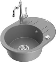 Granitinė virtuvinė plautuvė Mexen Kevin su maišytuvu ir sifonu, Grey/Chrome