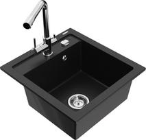 Granitinė virtuvinė plautuvė Mexen Vito su maišytuvu ir sifonu, Black+Chrome