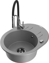 Granitinė virtuvinė plautuvė Mexen Kevin su maišytuvu ir sifonu, Grey/Black/Chrome