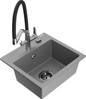 Granitinė virtuvinė plautuvė Mexen Milo su maišytuvu ir sifonu, Grey/Black/Chrome