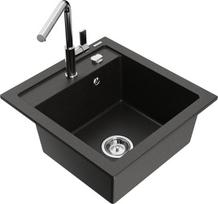Granitinė virtuvinė plautuvė Mexen Vito su maišytuvu ir sifonu, Metallic black/gold+Chrome