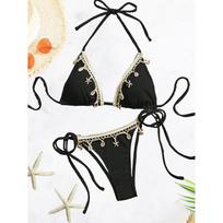Kriauklės trikampio bikini juostelės dirželis moteriškas push-up maudymosi kostiumas 2 dalių maudymosi kostiumas moteriškas maudymosi kostiumas paplūdimio apranga S smėlis