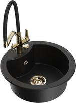 Granitinė virtuvinė plautuvė Mexen Diego su maišytuvu ir sifonu, Black/Gold