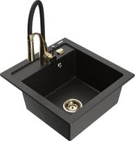 Granitinė virtuvinė plautuvė Mexen Vito su maišytuvu ir sifonu, Metallic black/gold+Black/Gold
