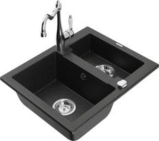 Granitinė virtuvinė plautuvė Mexen Carlos su maišytuvu ir sifonu, Metallic black/Silver/Chrome