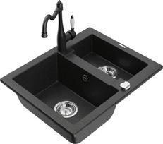 Granitinė virtuvinė plautuvė Mexen Carlos su maišytuvu ir sifonu, Metallic black/silver+Black