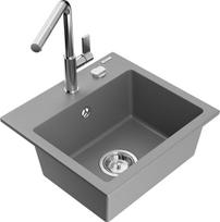 Granitinė virtuvinė plautuvė Mexen Milo su maišytuvu ir sifonu, Grey/Chrome