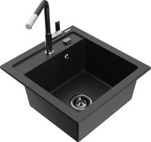 Granitinė virtuvinė plautuvė Mexen Vito su maišytuvu ir sifonu, Metallic black/gold+Black/Chrome