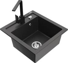 Granitinė virtuvinė plautuvė Mexen Vito su maišytuvu ir sifonu, Black granite/Black