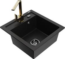 Granitinė virtuvinė plautuvė Mexen Vito su maišytuvu ir sifonu, Black+Gold