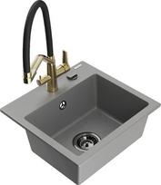 Granitinė virtuvinė plautuvė Mexen Milo su maišytuvu ir sifonu, Grey/Black/Gold
