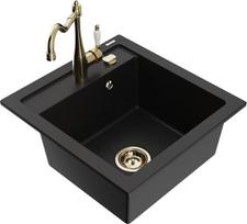 Granitinė virtuvinė plautuvė Mexen Vito su maišytuvu ir sifonu, Black+Gold