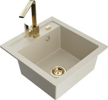 Granitinė virtuvinė plautuvė Mexen Vito su maišytuvu ir sifonu, Beige/Gold