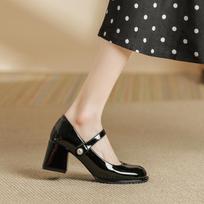 Mary Jane thick heel single shoes round head light mouth Velcro medium heel high heels casual women's shoes 34 juoda