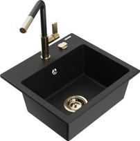 Granitinė virtuvinė plautuvė Mexen Milo su maišytuvu ir sifonu, Black/Gold