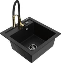 Granitinė virtuvinė plautuvė Mexen Vito su maišytuvu ir sifonu, Black+Black/Gold