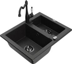 Granitinė virtuvinė plautuvė Mexen Carlos su maišytuvu ir sifonu, Metallic black/silver/black