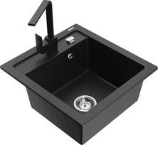 Granitinė virtuvinė plautuvė Mexen Vito su maišytuvu ir sifonu, Metallic black/gold+Black