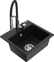 Granitinė virtuvinė plautuvė Mexen Milo su maišytuvu ir sifonu, Black/Chrome