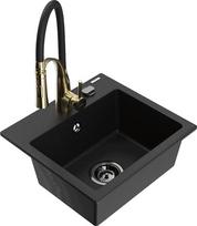 Granitinė virtuvinė plautuvė Mexen Milo su maišytuvu ir sifonu, Black/Gold