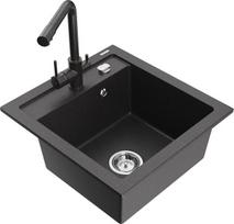 Granitinė virtuvinė plautuvė Mexen Vito su maišytuvu ir sifonu, Black granite