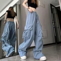 Hip Hop Y2K Cargo Kelnės Moteriškos Gatvės Apranga Harajuku Didelės Kišenės Laisvalaikio kelnės Korėjietiškos laisvos aukšto juosmens dizaino Tvirtos kelnės XL mėlyna