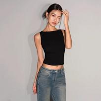 Women Double Layer Boat Neck Soft Slinky Tank Top S juoda