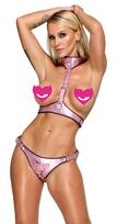Bad Kitty Chest Harness & Strap-on Jock Shimmering Metallic Pink S/M