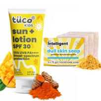 Tuco® Vaikams Sausos Odos Muilas (75 g x 3) ir Apsauginis losjonas nuo saulės (100 ml) | Saugus vaikams | Amžius 2-5, 5-10, 10-15 | Be parabenų ir sulfatų | 4 vnt. pakuotė