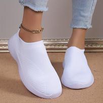 Moteriški megzti sportbačiai, kvėpuojantys slip-on plokščiapadžiai, vienspalviai minkšto pado vaikščiojimo batai, dideli dydžiai 35 balta