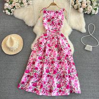 Naujas vasaros prekės ženklo dizaineris Vintage Print Rose Runway Suknelės Moteriškos Berankovės Ilgos Maxi Įžymybių Vakarėlis Sundress S rožinė