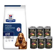 HILL'S PD Prescription Diet Canine z/d Jautrumas maistui 10kg + Wild Farm Monoprotein Wild Boar 6x400g hipoalerginis šunų ėdalas