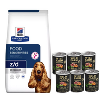 HILL'S PD Prescription Diet Canine z/d Jautrumas maistui 10kg + Wild Farm Monoprotein Pork 6x400g hipoalerginis maistas šunims