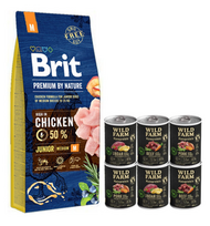 BRIT Premium By Nature Junior M 15kg + WILD FARM Monoprotein hipoalerginis šunų maistas –  skonių rinkinys 6x400g