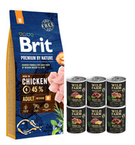 BRIT Premium By Nature Adult M 15kg + WILD FARM Monoprotein hipoalerginis šunų maistas –  skonių rinkinys 6x400g