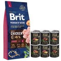 BRIT Premium By Nature Junior L 15kg + WILD FARM Monoprotein hipoalerginis šunų maistas –  skonių rinkinys 6x400g