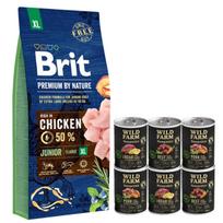 BRIT Premium By Nature Junior XL 15kg + WILD FARM Monoprotein hipoalerginis šunų maistas –  skonių rinkinys 6x400g
