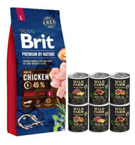 BRIT Premium By Nature Adult L 15kg + WILD FARM Monoprotein hipoalerginis šunų maistas –  skonių rinkinys 6x400g