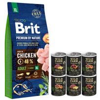 BRIT Premium By Nature Adult XL 15kg + WILD FARM Monoprotein hipoalerginis šunų maistas –  skonių rinkinys 6x400g