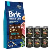 BRIT Premium By Nature Sensitive ėriena 15kg + WILD FARM Monoprotein hipoalerginis šunų maistas –  skonių rinkinys 6x400g