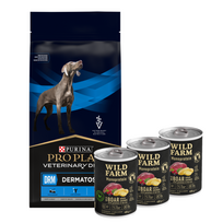 PURINA Veterinary PVD DRM Dermatosis 12kg + Wild Farm Monoprotein Pork 3x400g hipoalerginis maistas šunims