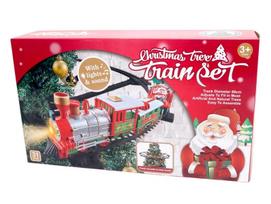 Kalėdinis traukinys ant eglutės su šviesomis ir Merry Christmas garsu