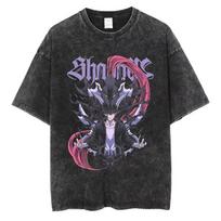Women's Vintage Washed Cotton T Shirt Oversized Street Anime Solo Leveling Graphic Print Tops Loose Short Sleeves Tees S