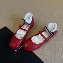 Retro flat-soled small leather shoes, shallow mouth square head Mary Jane shoes, one-word buckle red small single shoes for women 35 bordinė