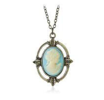 Nauji vintažinio stiliaus bronziniai šviesiai mėlyni Cameo karoliai The Vampire Diaries Katherine Beauty galvos pakabukas moterims 50cm